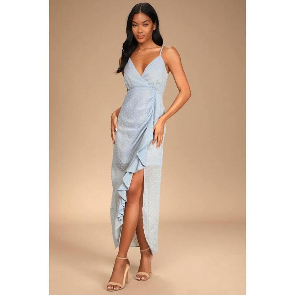 Lulus For Us To Dance Powder Blue Swiss Dot Ruffled Midi Dress - Size XL